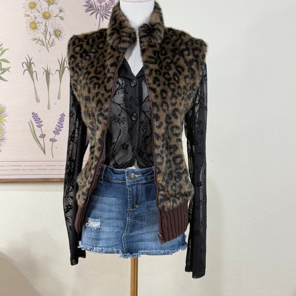 Y2k Tiara Faux Fur Leopard Animal Print Full Zip Vest Mob Wife Trashy Bimbo XL - Picture 1 of 7